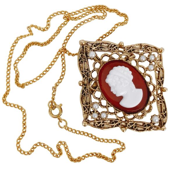 VTG Cameo Filigree Brooch Pendant Necklace Faux Pearl 60s 70s Victorian Revival - Picture 8 of 12